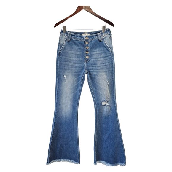KANCAN High Rise Flare Jeans Bell Bottom Raw Hem Button Fly Boho 9/28 - Picture 4 of 5